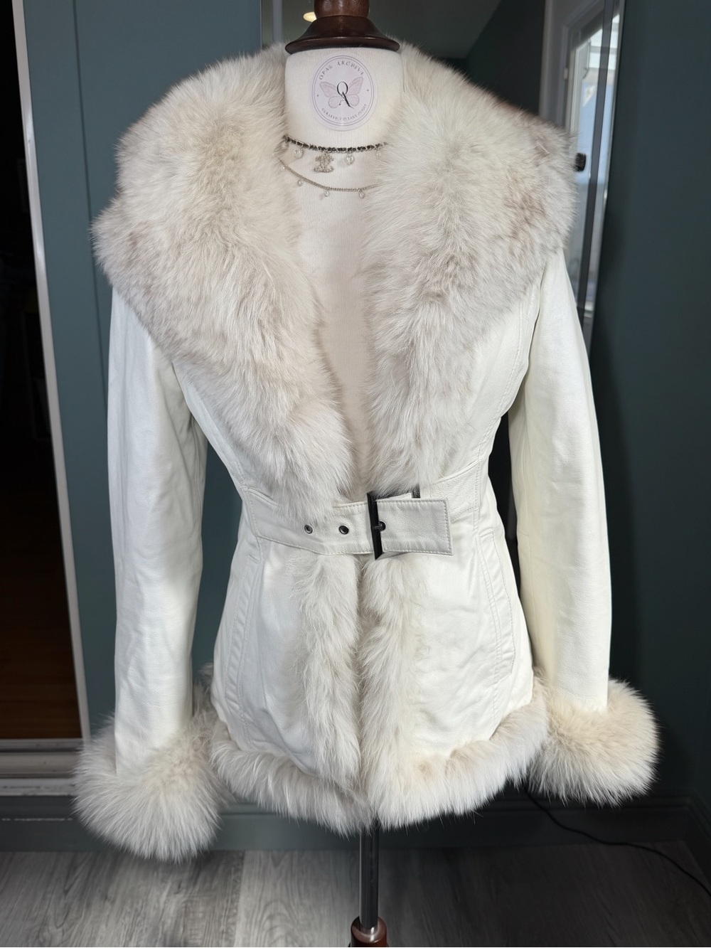 VERO MODA White Pig Leather Fox Fur Trim Belted Fitted Jacket Y2K Vintage XS/S